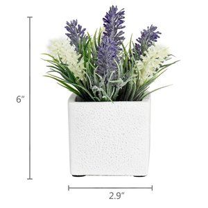 Set of 3 Faux Lavender w/White Flowers in White Ceramic Square Pots
